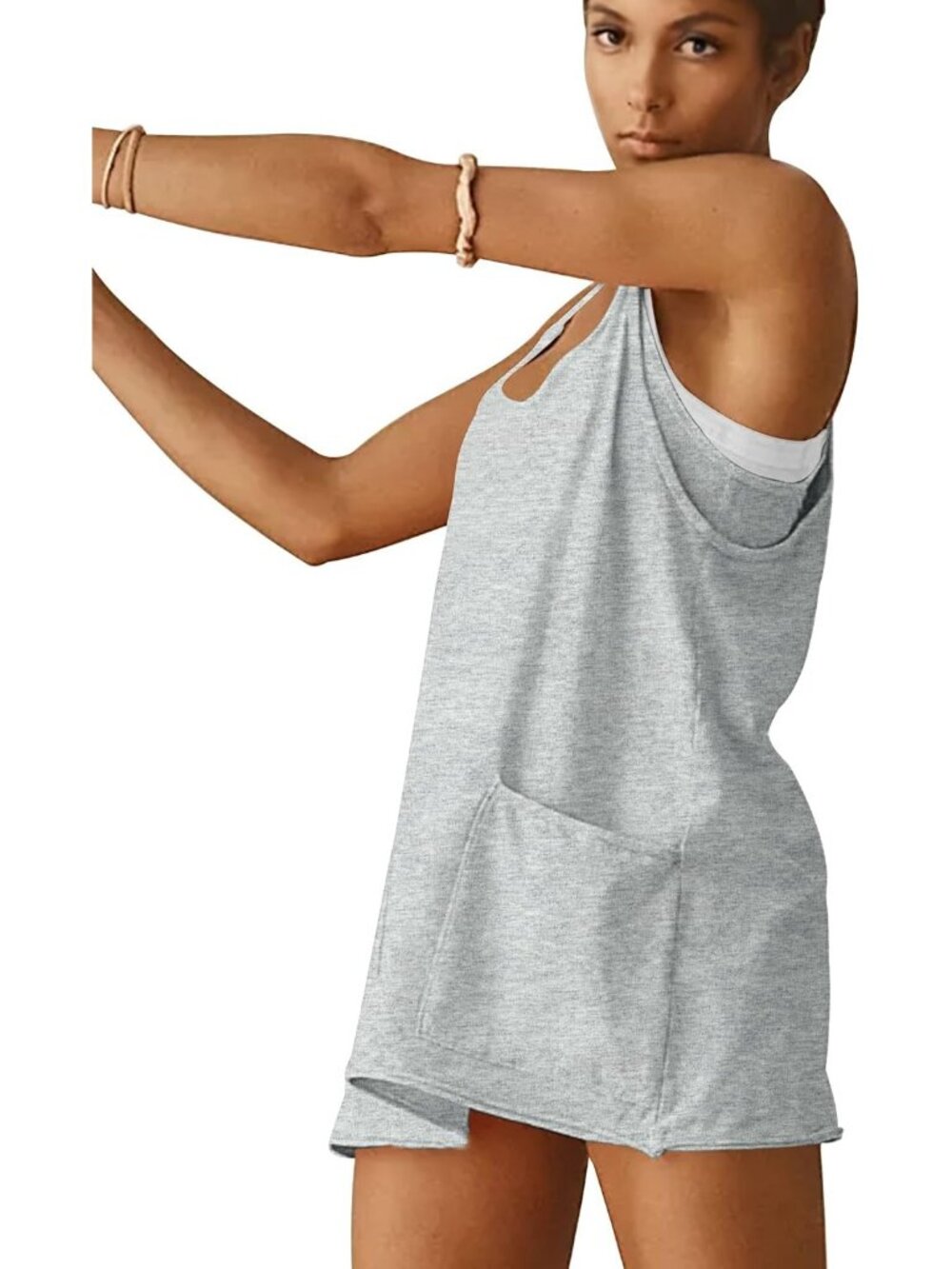 Women's Heather Grey Built in Short Crew Neck Spaghetti Straps Mini Romper - Picture 4 of 6